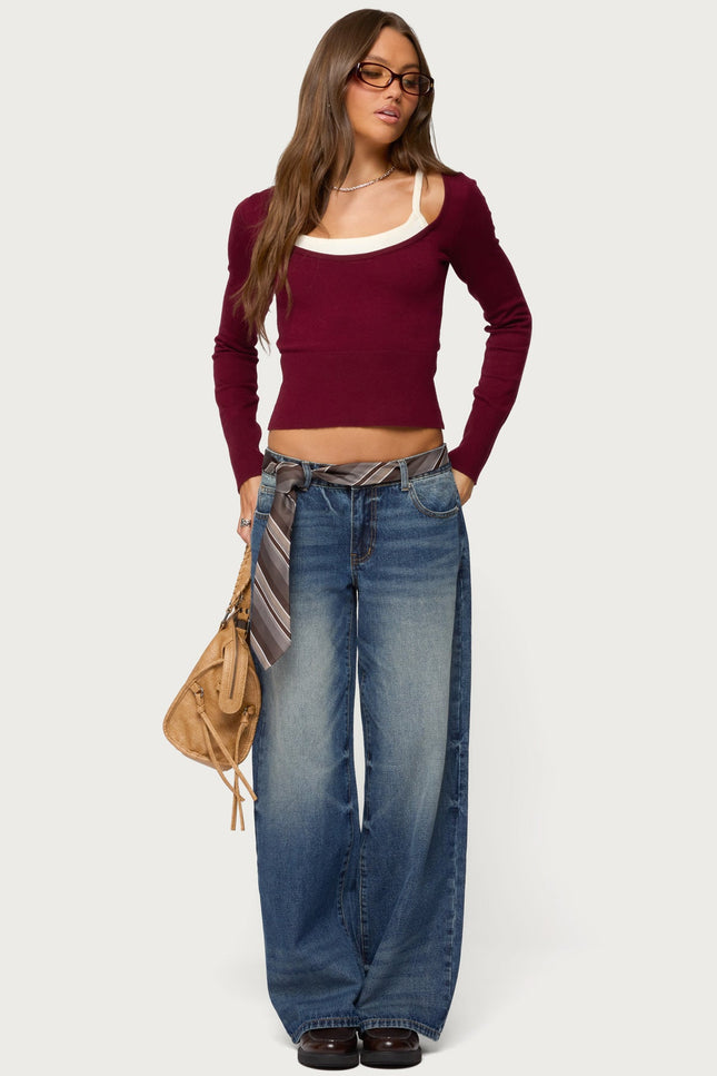 Cecile Layered Long Sleeve Top - Burgundy And Cream