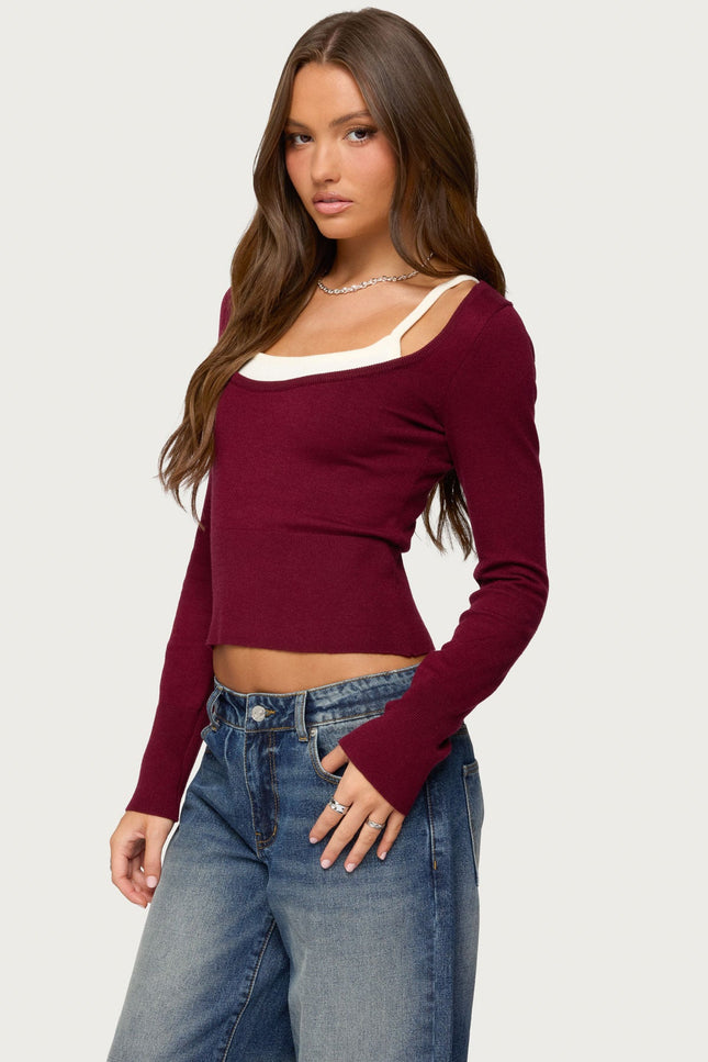 Cecile Layered Long Sleeve Top - Burgundy And Cream