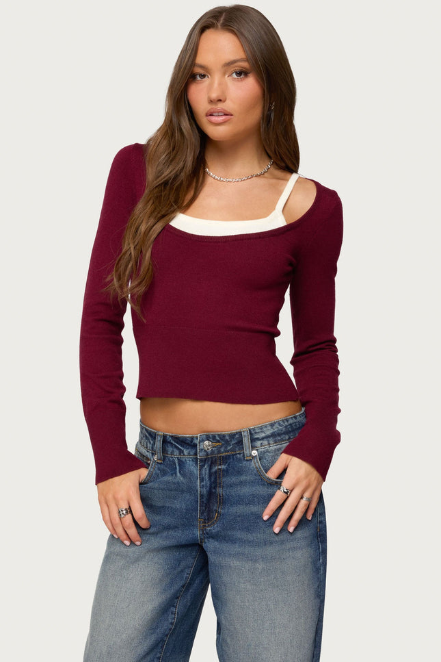 Cecile Layered Long Sleeve Top - Burgundy And Cream
