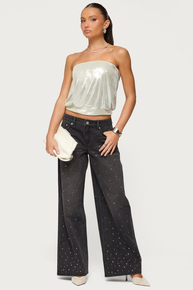 Rhinestone Washed Low Rise Baggy Jeans - Black Washed