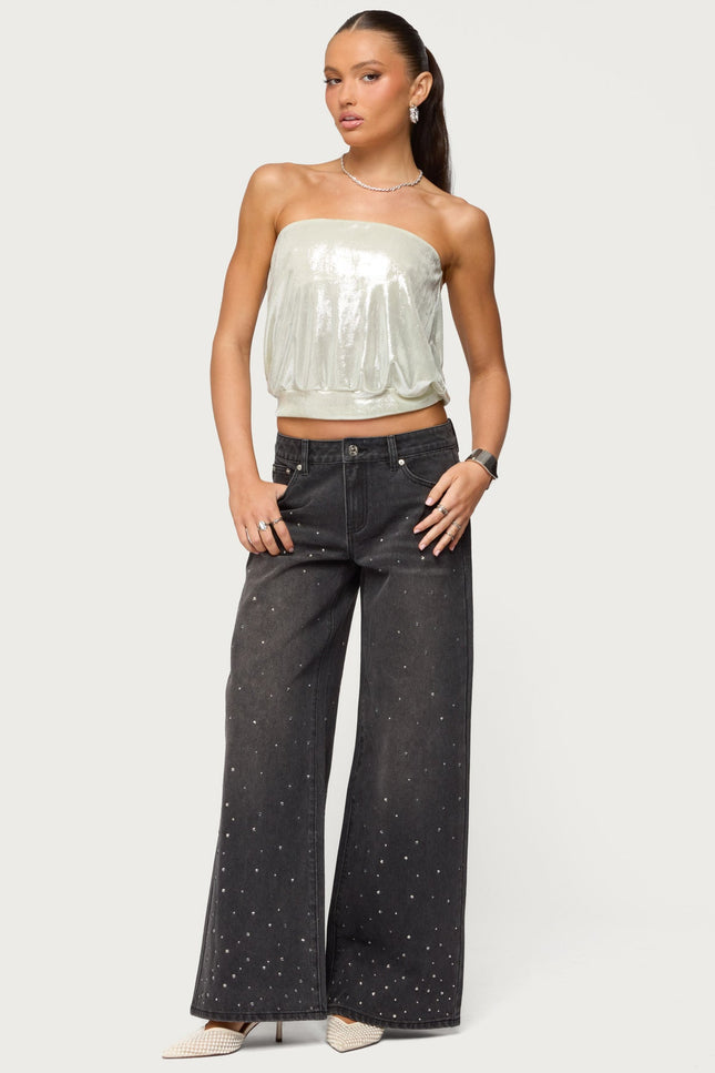 Rhinestone Washed Low Rise Baggy Jeans - Black Washed