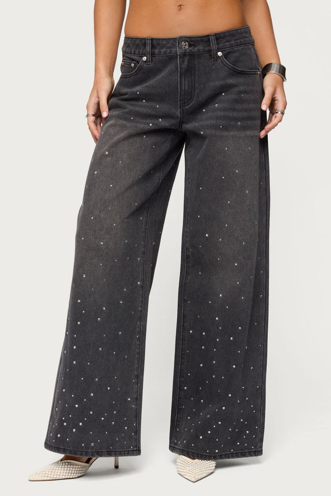Rhinestone Washed Low Rise Baggy Jeans - Black Washed