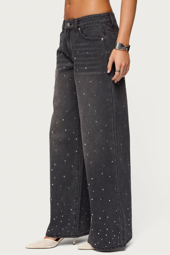Rhinestone Washed Low Rise Baggy Jeans - Black Washed