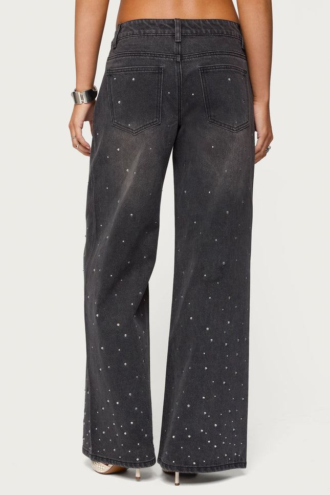 Rhinestone Washed Low Rise Baggy Jeans - Black Washed