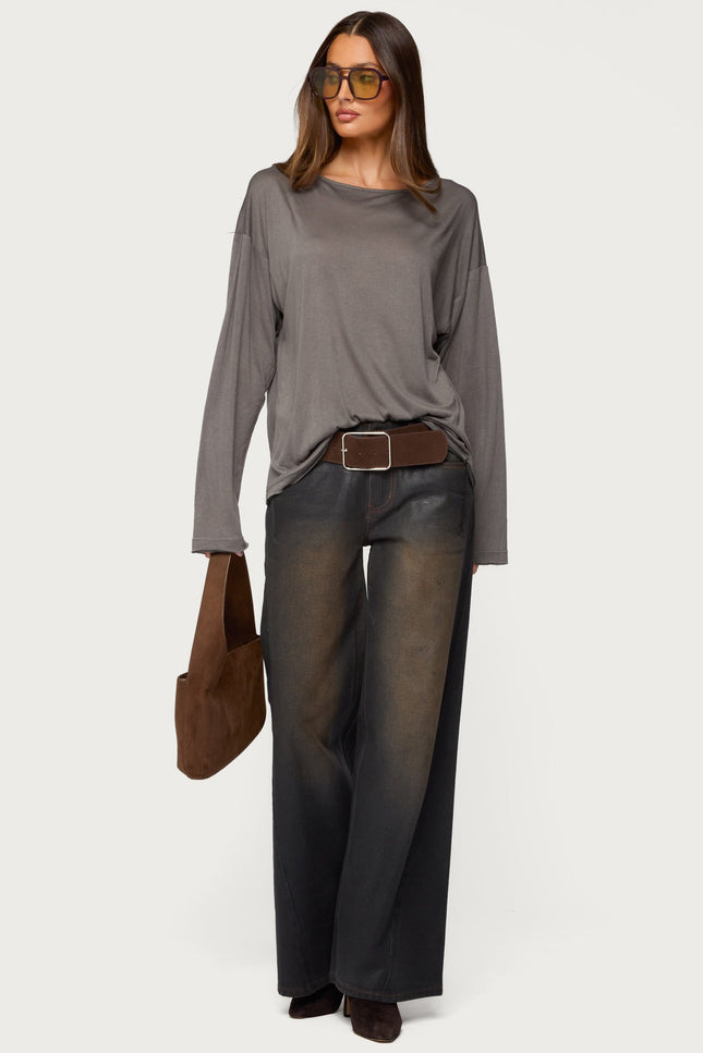 Oversized Semi Sheer Long Sleeve T Shirt - Gray