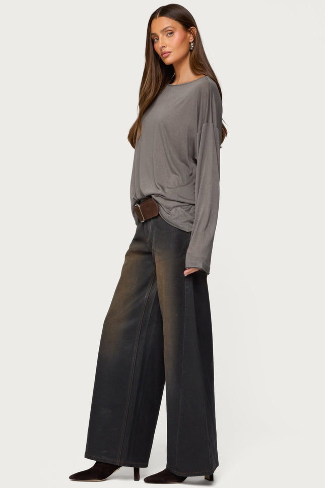 Oversized Semi Sheer Long Sleeve T Shirt - Gray