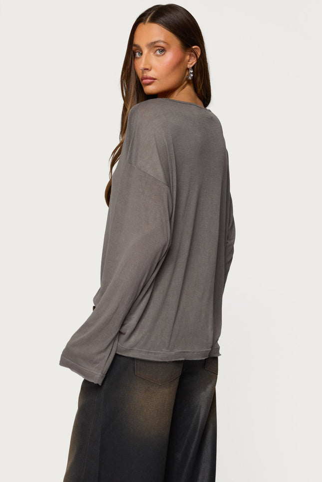 Oversized Semi Sheer Long Sleeve T Shirt - Gray