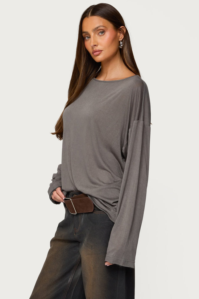 Oversized Semi Sheer Long Sleeve T Shirt - Gray