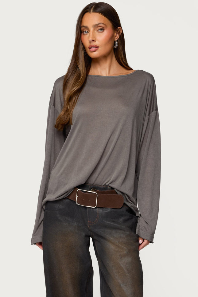Oversized Semi Sheer Long Sleeve T Shirt - Gray