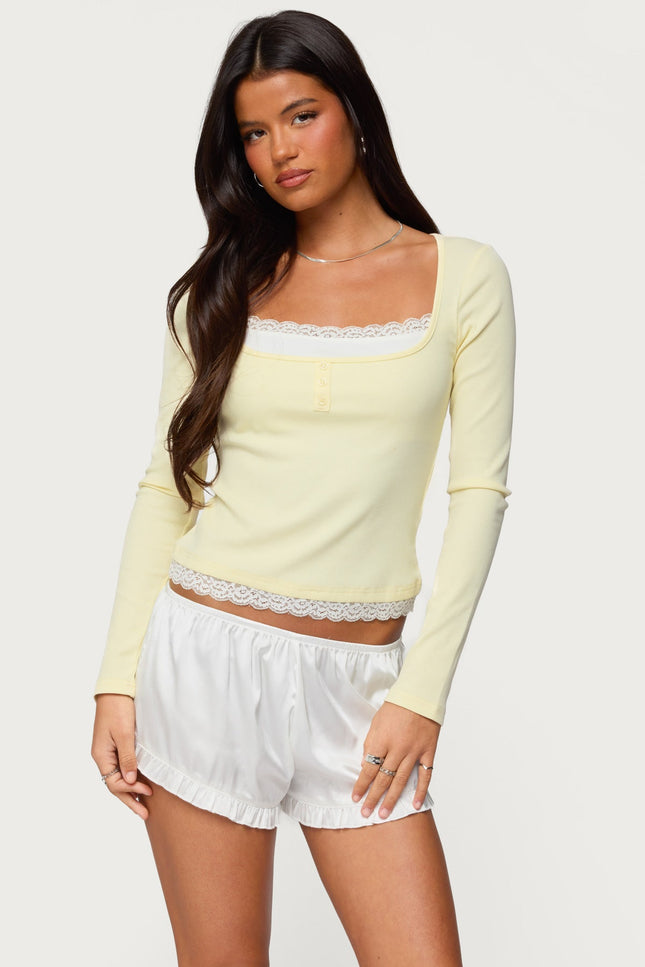 Joana Layered Lacey Henley Top - Yellow