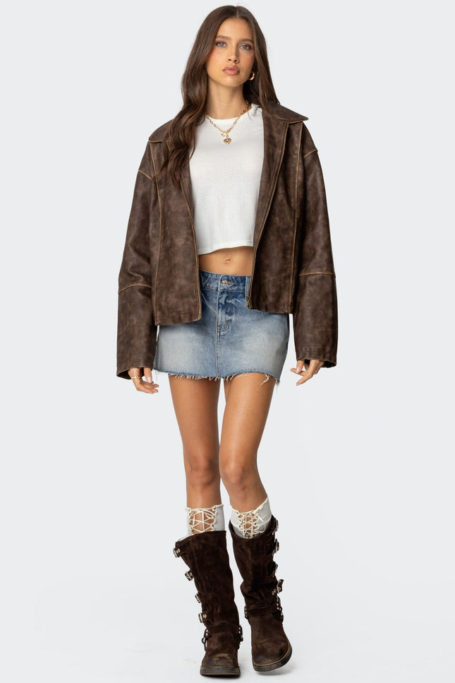 Oversized Washed Faux Leather Jacket - Brown Washed