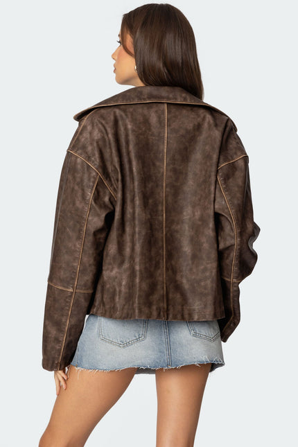 Oversized Washed Faux Leather Jacket - Brown Washed