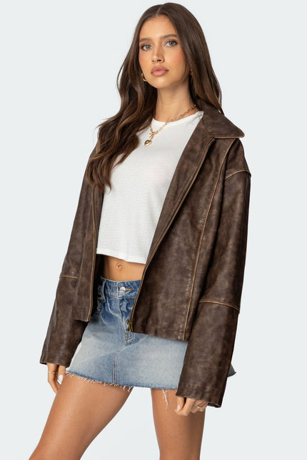 Oversized Washed Faux Leather Jacket - Brown Washed