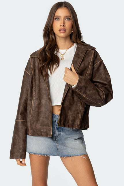 Oversized Washed Faux Leather Jacket - Brown Washed