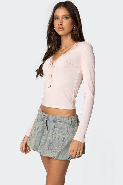 Madeline Lace Trim Ribbed Top - Pink