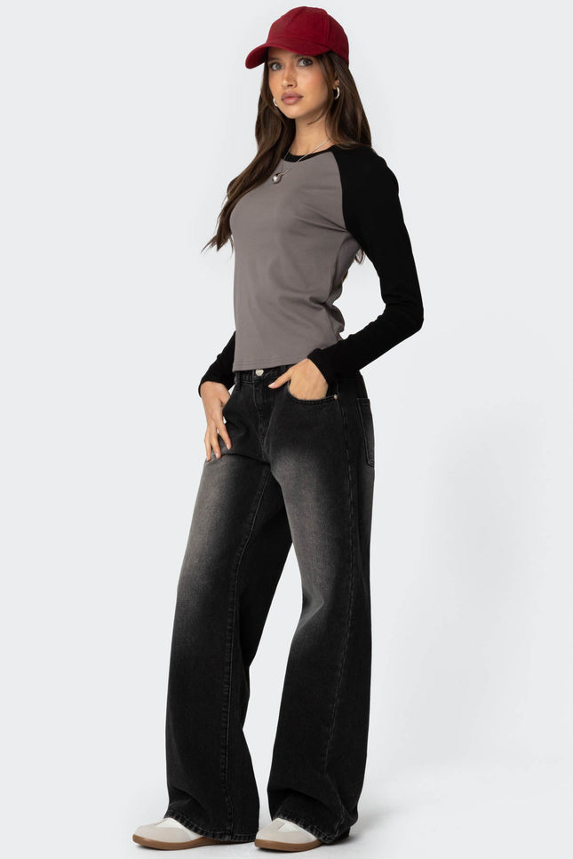 Tommi Raglan Long Sleeve T Shirt - Gray And Black