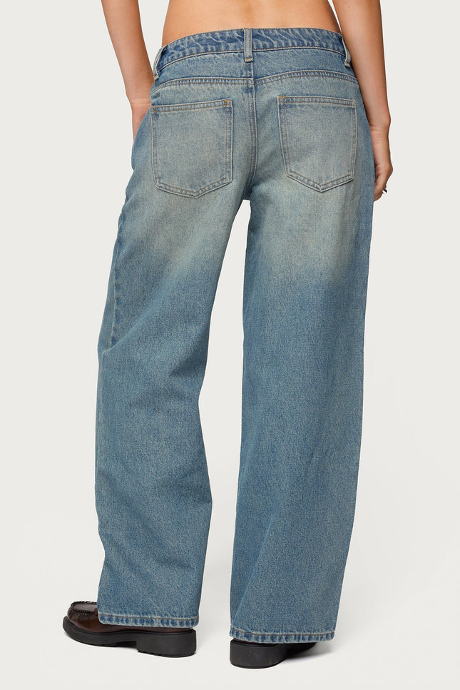 Petite Magda Acid Wash Low Rise Baggy Jeans - Blue Vintage Washed