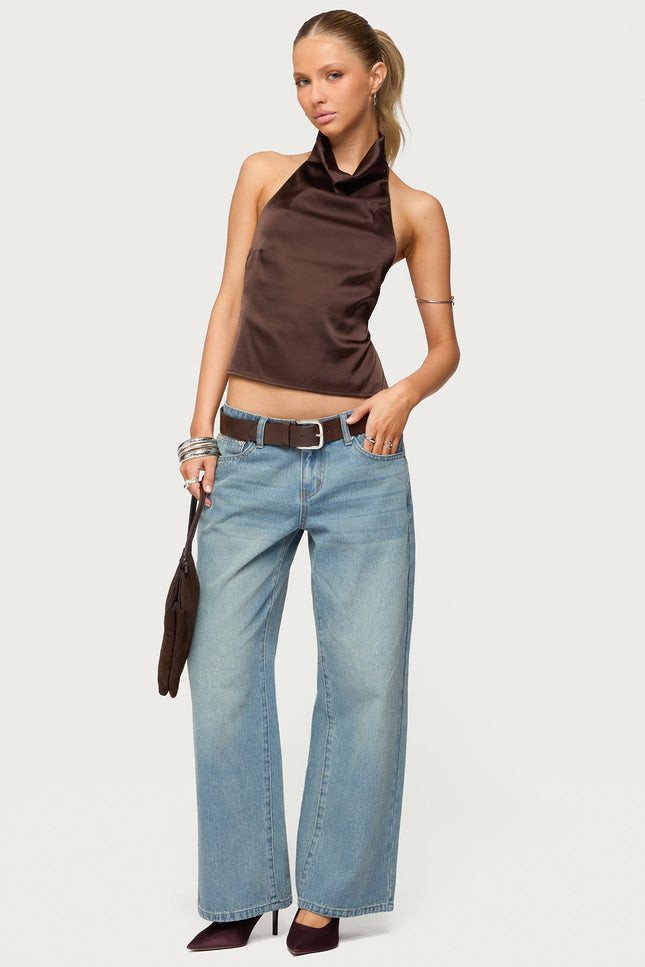 Satin Effect Backless Cowl Neck Top - Dark Brown