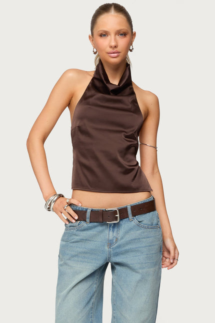 Satin Effect Backless Cowl Neck Top - Dark Brown