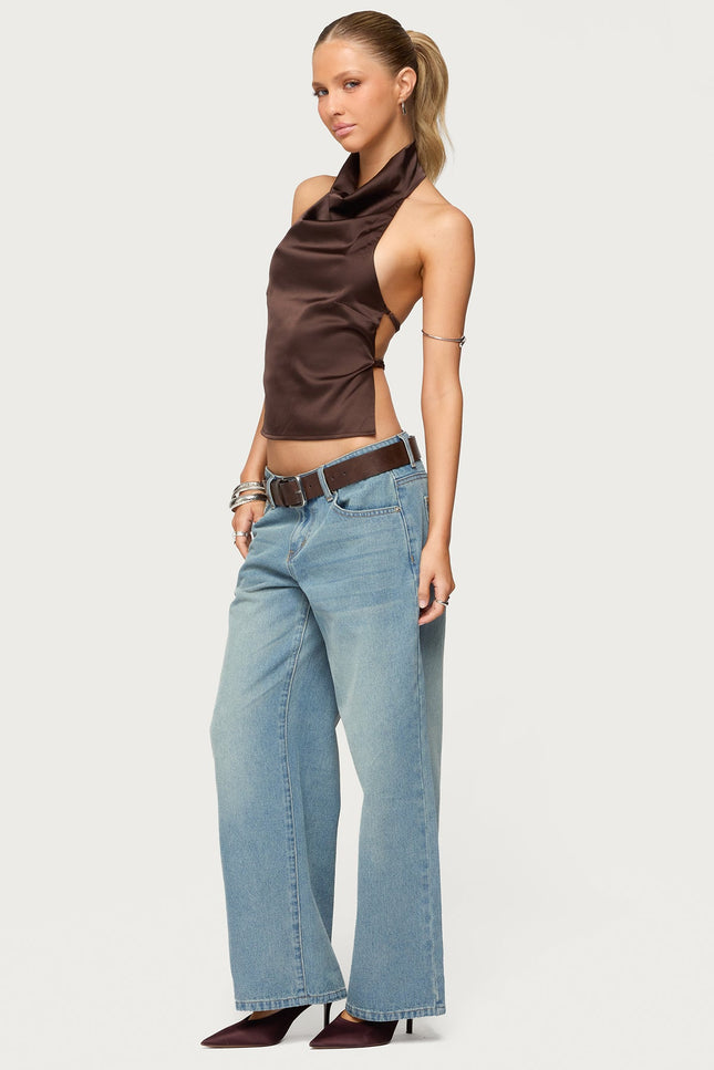 Satin Effect Backless Cowl Neck Top - Dark Brown