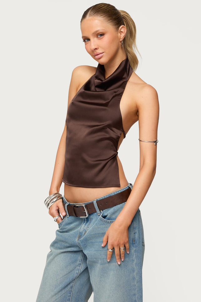Satin Effect Backless Cowl Neck Top - Dark Brown