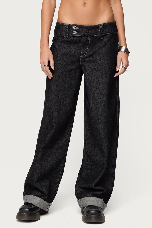 Cuffed Low Rise Straight Leg Jeans - Black Washed