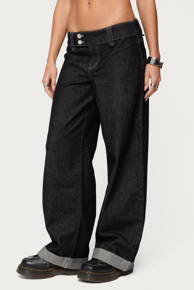Cuffed Low Rise Straight Leg Jeans - Black Washed