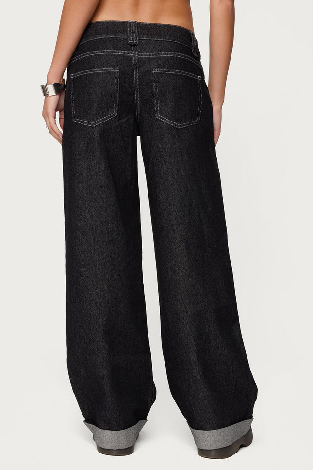 Cuffed Low Rise Straight Leg Jeans - Black Washed