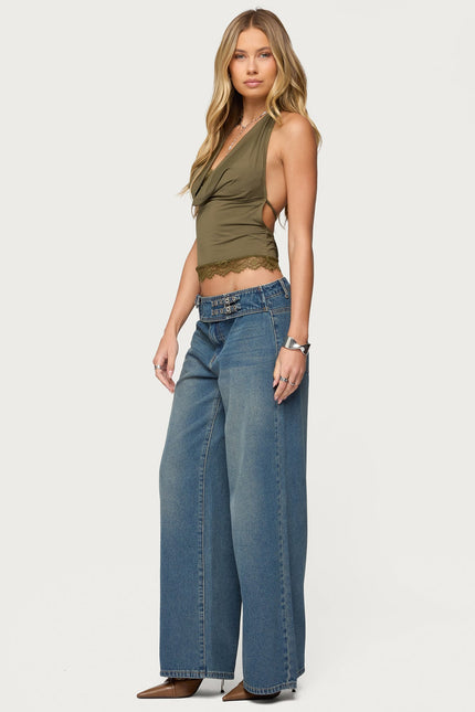 Layered Lacey Cowl Neck Halter Top - Olive