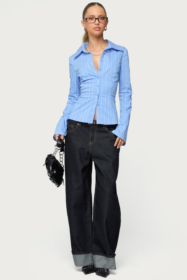 Pinstripe Tailored Button Up Shirt - Blue