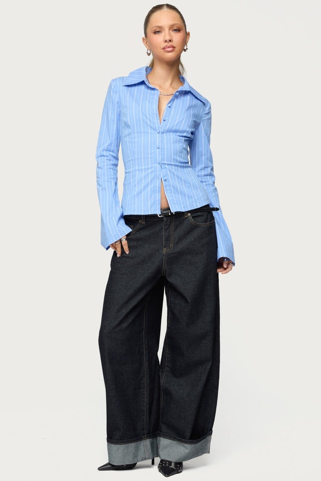 Pinstripe Tailored Button Up Shirt - Blue