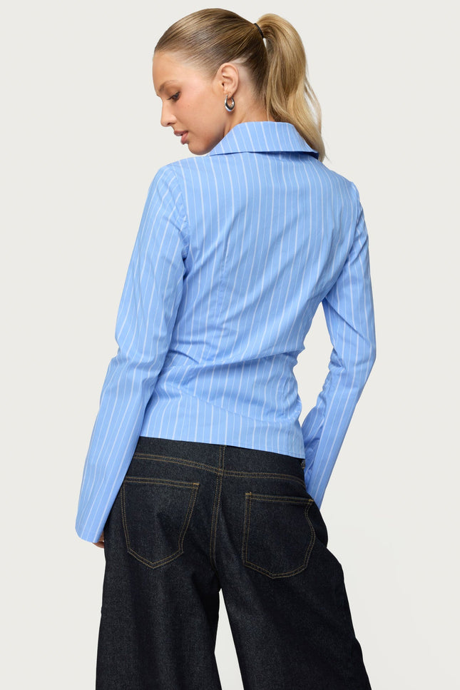 Pinstripe Tailored Button Up Shirt - Blue
