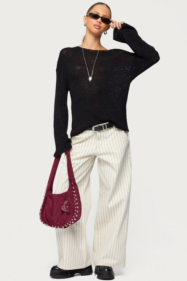 Petite Cory Striped Low Rise Baggy Jeans - Cream