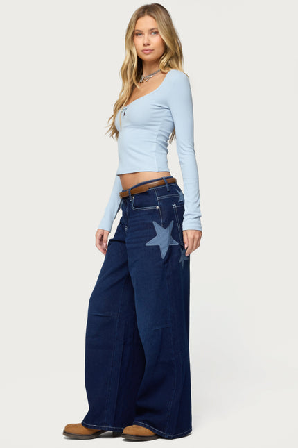 Trish Stars Low Rise Baggy Jeans - Indigo Blue Raw Washed