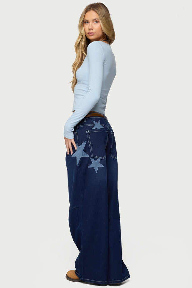 Trish Stars Low Rise Baggy Jeans - Indigo Blue Raw Washed