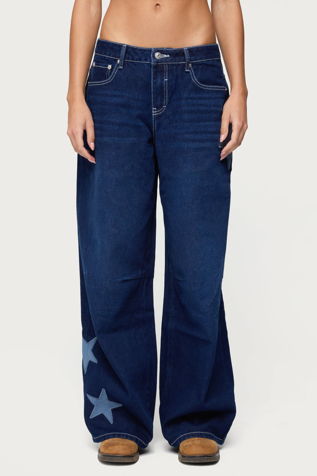 Trish Stars Low Rise Baggy Jeans - Indigo Blue Raw Washed