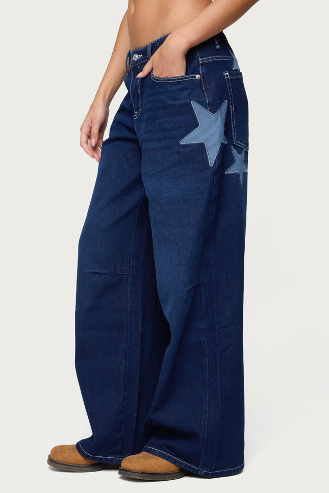 Trish Stars Low Rise Baggy Jeans - Indigo Blue Raw Washed