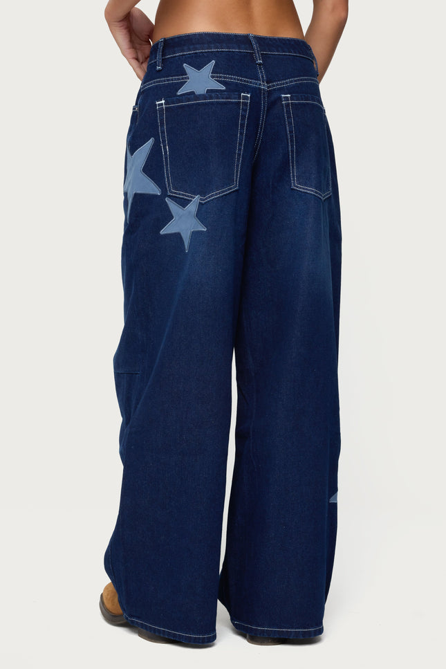 Trish Stars Low Rise Baggy Jeans - Indigo Blue Raw Washed