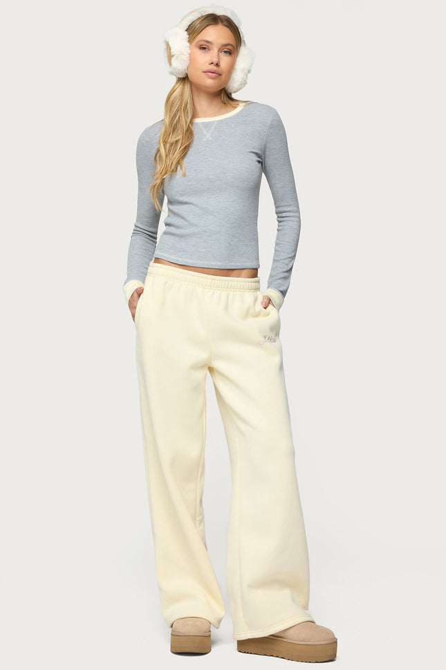 Rora Contrast Long Sleeve Waffle Top - Gray Melange