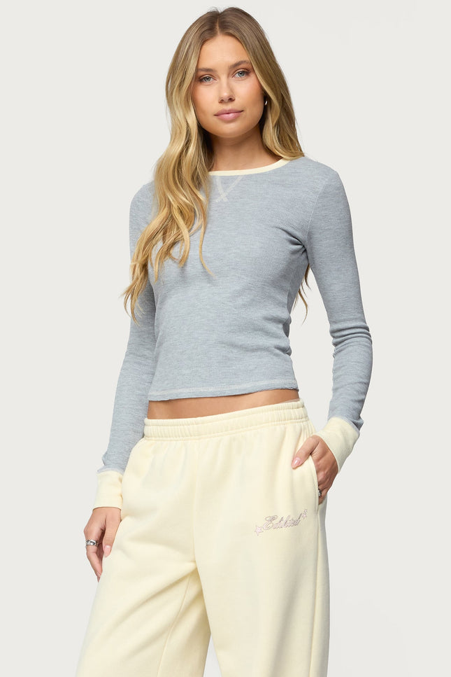 Rora Contrast Long Sleeve Waffle Top - Gray Melange