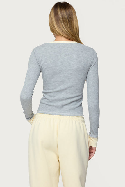 Rora Contrast Long Sleeve Waffle Top - Gray Melange