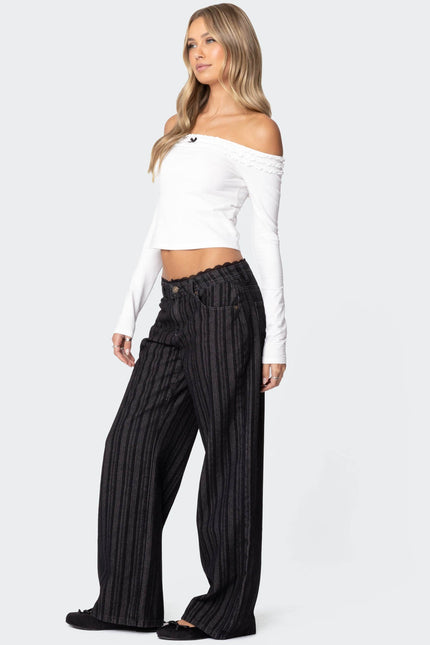 Lace Trim Striped Low Rise Baggy Jeans - Black