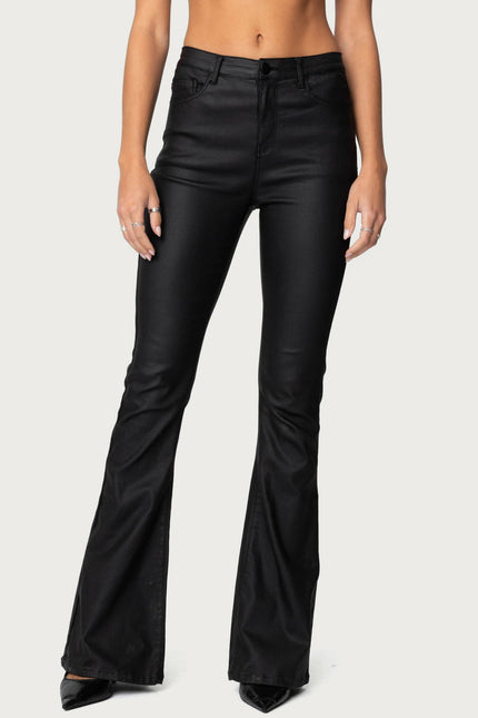 Luna Faux Leather Mid Rise Flared Jeans - Black