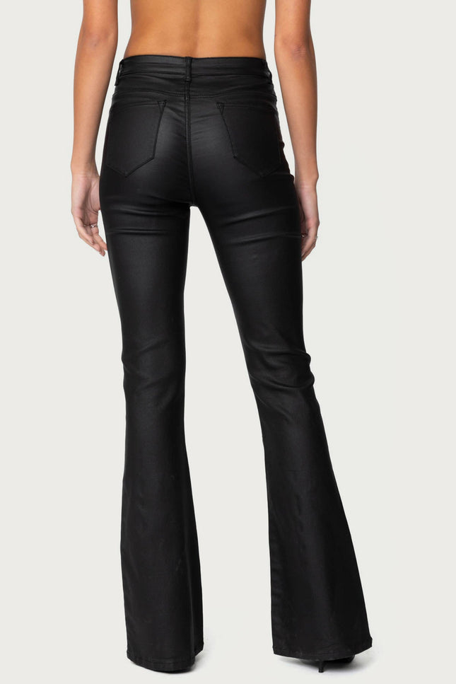 Luna Faux Leather Mid Rise Flared Jeans - Black