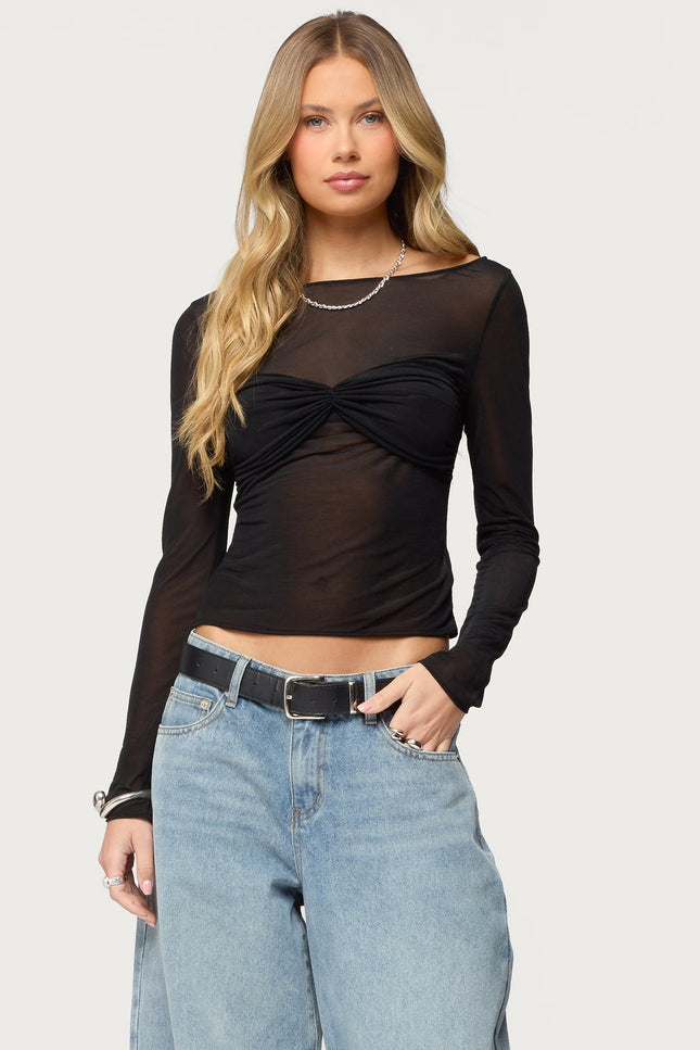 Oona Sheer Gathered Long Sleeve Top - Black
