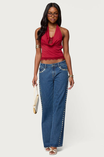 Layered Lacey Cowl Neck Halter Top - Red
