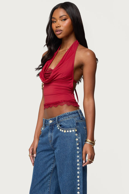 Layered Lacey Cowl Neck Halter Top - Red
