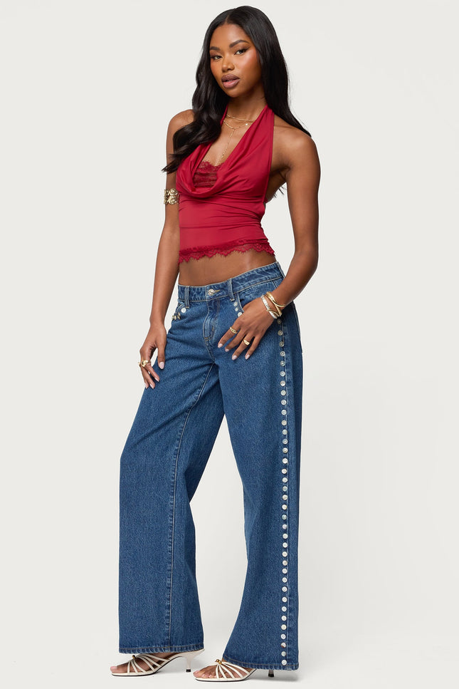Layered Lacey Cowl Neck Halter Top - Red