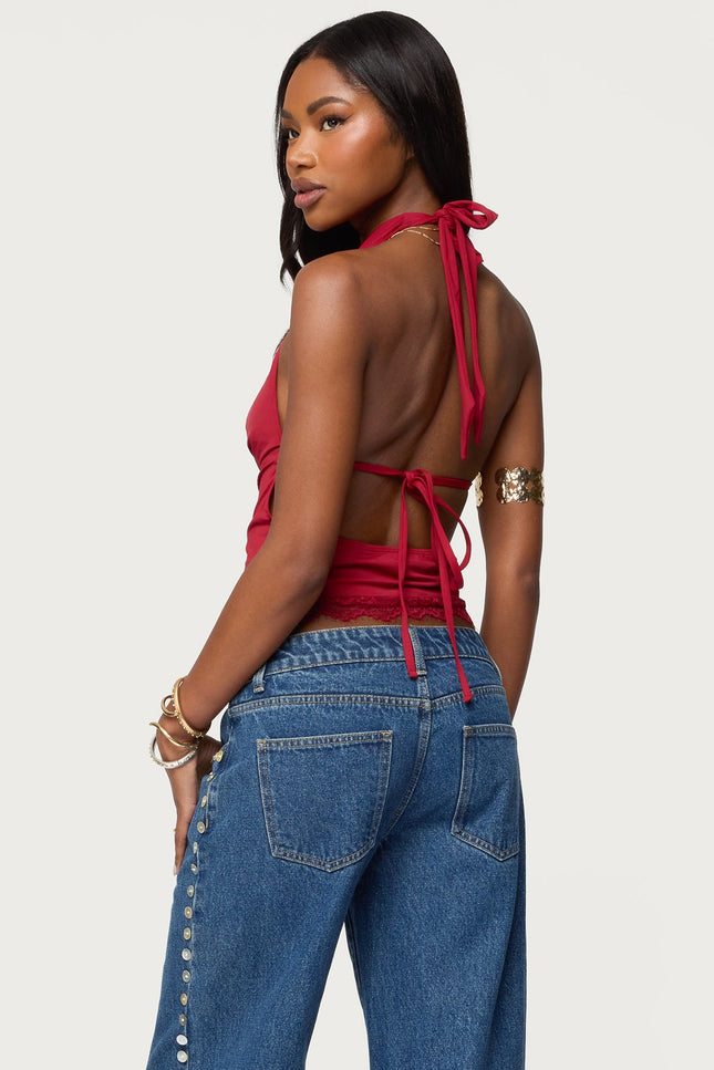 Layered Lacey Cowl Neck Halter Top - Red