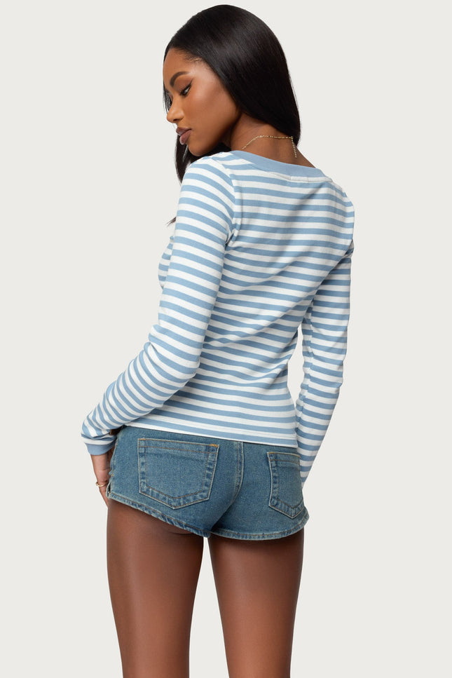 Kimi Striped Long Sleeve V Neck Top - Blue And White